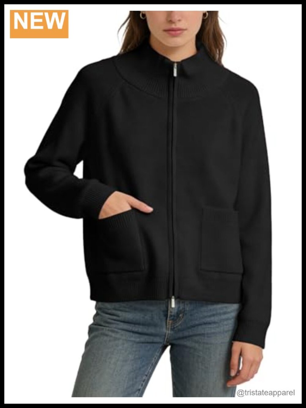Women's Zip Up Cardigan Sweater Jacket High Neck Ribbed Knit Acrylic Blend